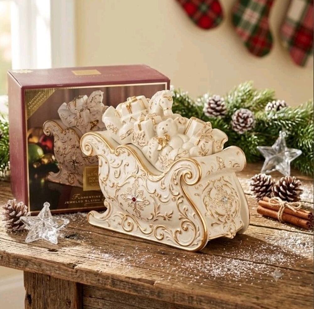 Lenox Florentine & Pearl Jeweled Sleigh Candy Dish Porcelain 24k Gold Trim Boxed